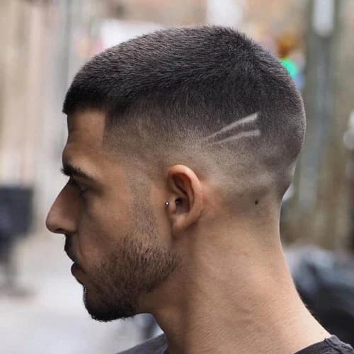 Textured Long Buzz - Professional buzz cut style guide featuring textured long buzz with Top: 12-18mm, Sides: 0-3mm length