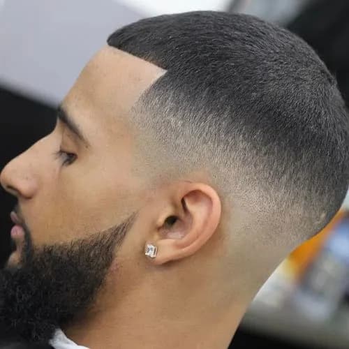 Temple Fade - Professional buzz cut style guide featuring temple fade with Top: 6-12mm, Temples: 0-2mm length